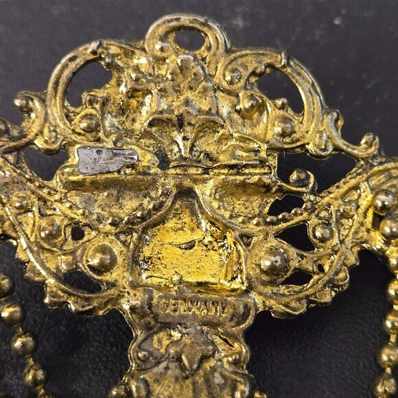 VTG Germany Baroque Revival Gold Tone Brooch Black Cabochon Rhinestones FLAW - Picture 6 of 10